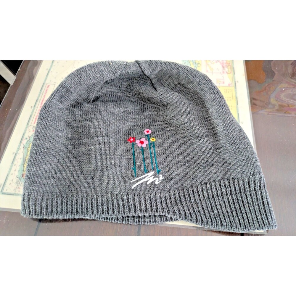 Gray Knit Beanie Hat Embroidered Floral Flowers Slouchy Winter Cap Goblincore